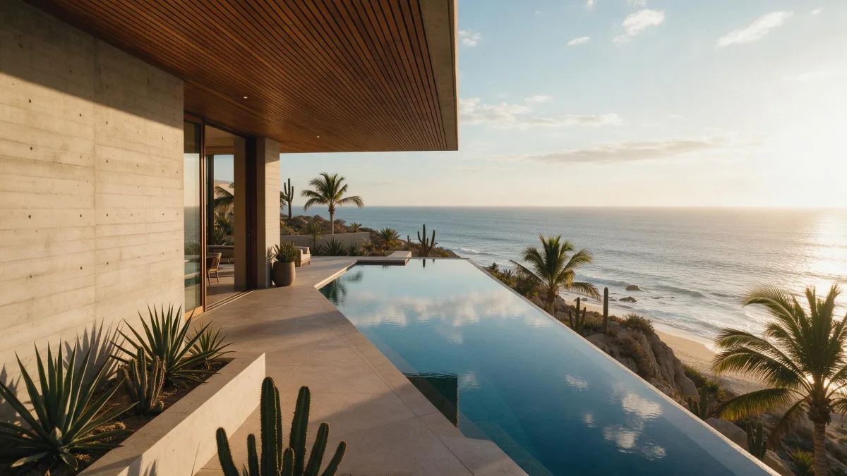 Residencia contemporánea de concreto claro y madera con terraza y alberca frente al mar del Pacífico mexicano al atardecer