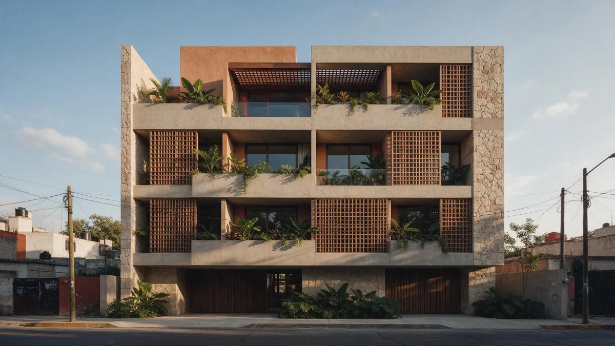 Fachada de un desarrollo residencial moderno en México con terrazas y vegetación, a la luz de la tarde