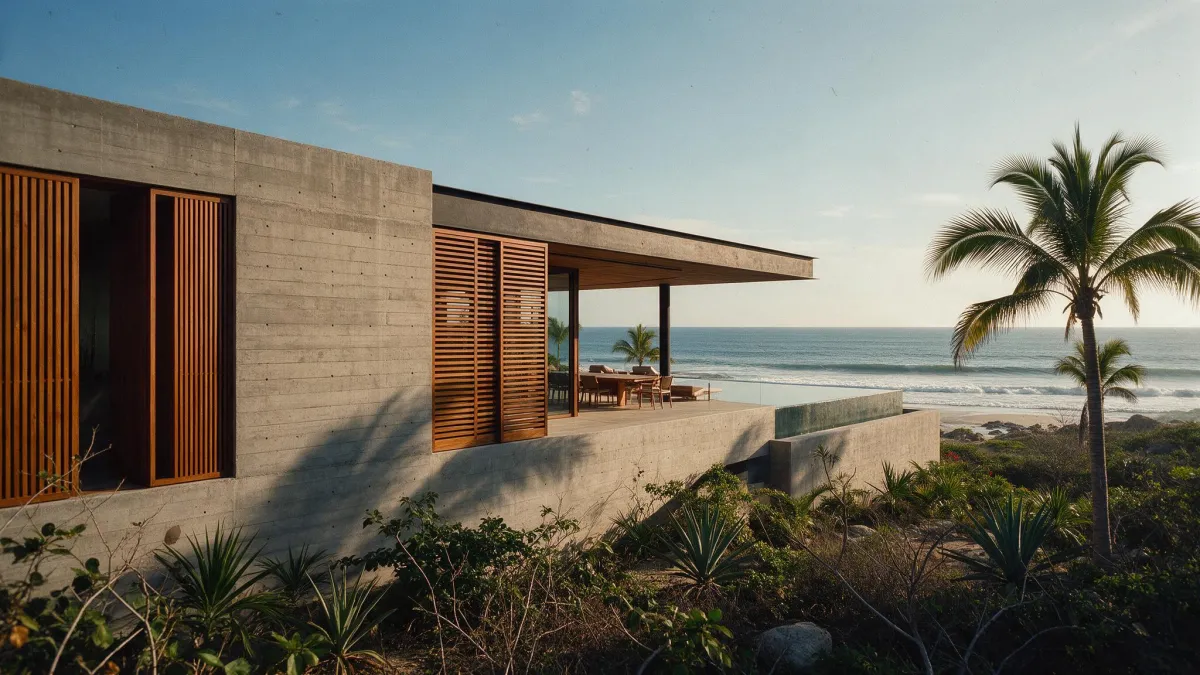 Casa residencial de concreto aparente y madera con terraza abierta y alberca, frente al océano Pacífico en la costa mexicana, a media tarde