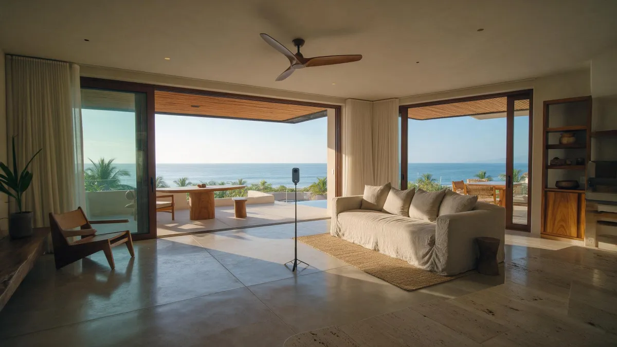 Sala de un departamento nuevo frente al mar en la costa mexicana, con una cámara 360 sobre un tripié al centro y la terraza abierta al fondo