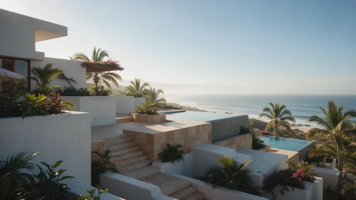 Terrazas escalonadas de un desarrollo residencial frente al mar en la costa mexicana, con albercas y palmeras, a la luz de la mañana