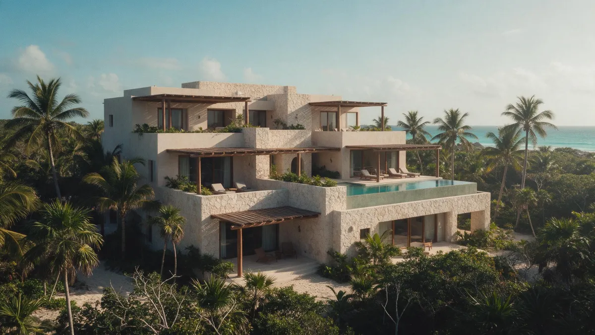 Edificio residencial de piedra clara con terrazas, pérgolas de madera y alberca, entre palmeras y selva, con el mar Caribe al fondo